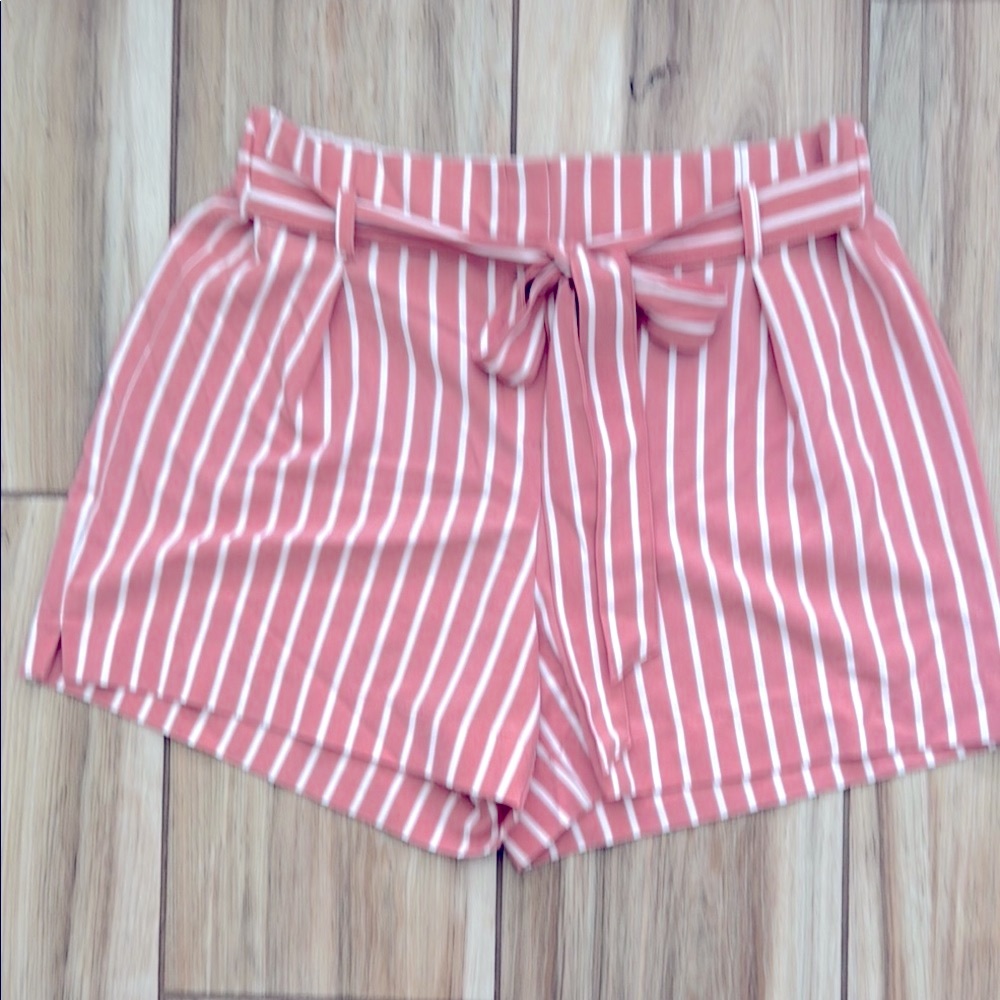 Pink and White High Waist Striped Shorts